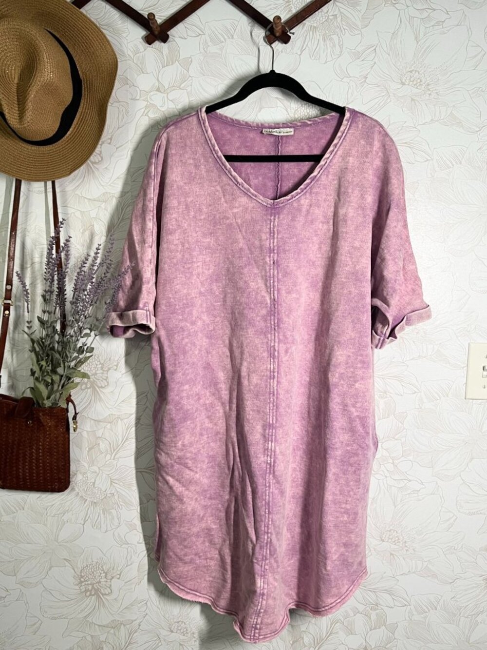 Zenana Purple Acid Wash Oversized T-Shirt Dress L/XL 100% Cotton Has Pockets